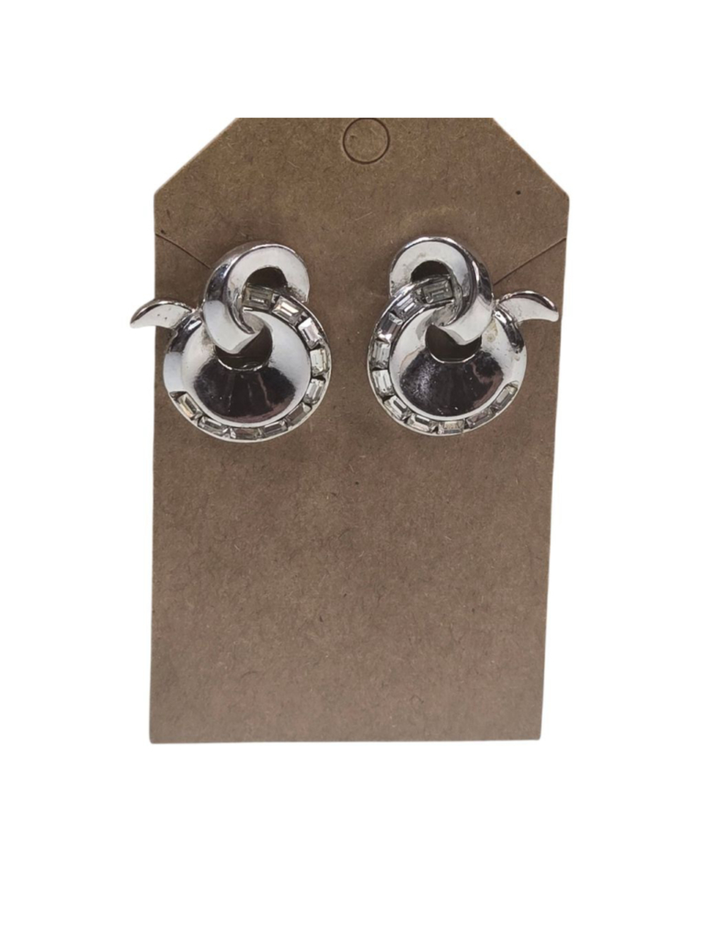 Vintage Trifari Clip On Earrings Silver Tone Discs Ribbon Clear Rhinestones
